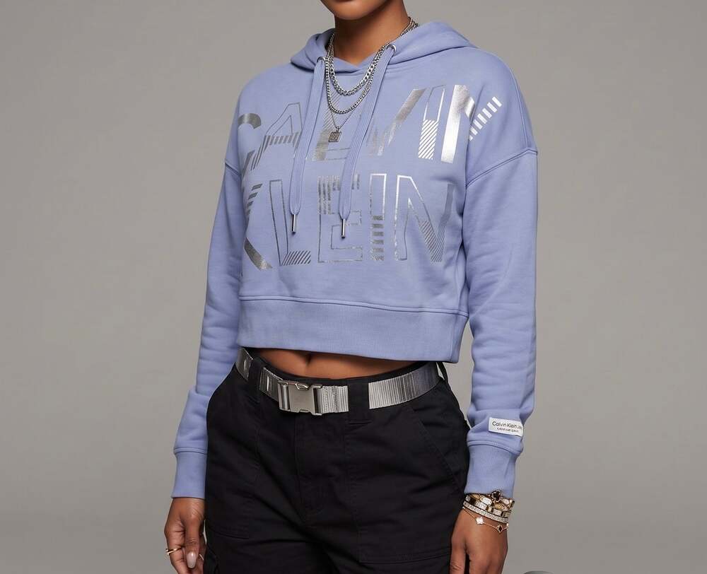 Calvin Klein Performance Boxy Cropped Hoodie Light Blue Silver Metallic Logo-Med